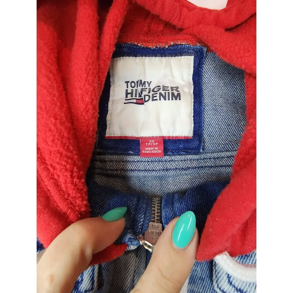 Tommy Hilfiger Denim Hoodie Jacket Vest Hybrid Womens XS Red Grey Y2K Trend